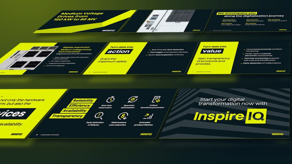 PPT-Slide mit Inspire-IQ-Claims wie ‚Turn data into value‘ und mehreren Funktionsmodulen und Icons