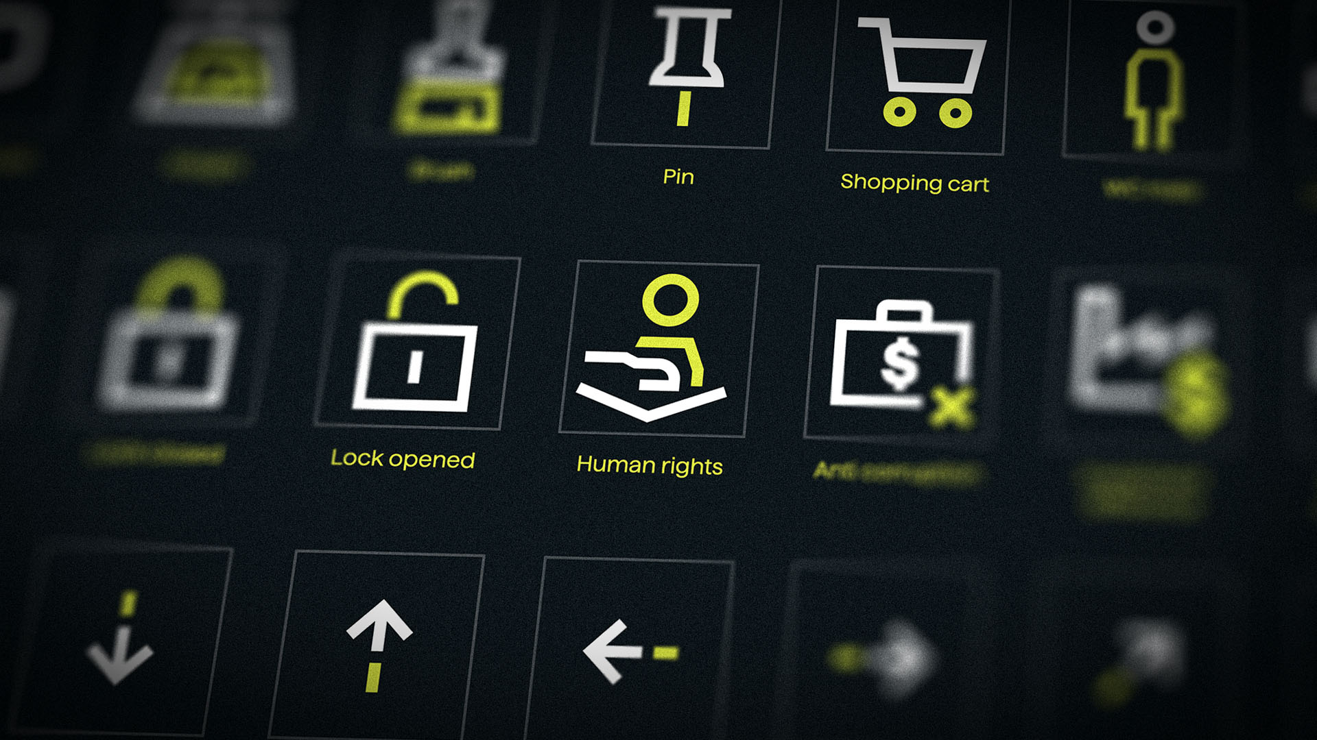 UI-Icons in Schwarz-Gelb, darunter Symbole für Human Rights, geöffnetes Schloss und Shopping Cart.