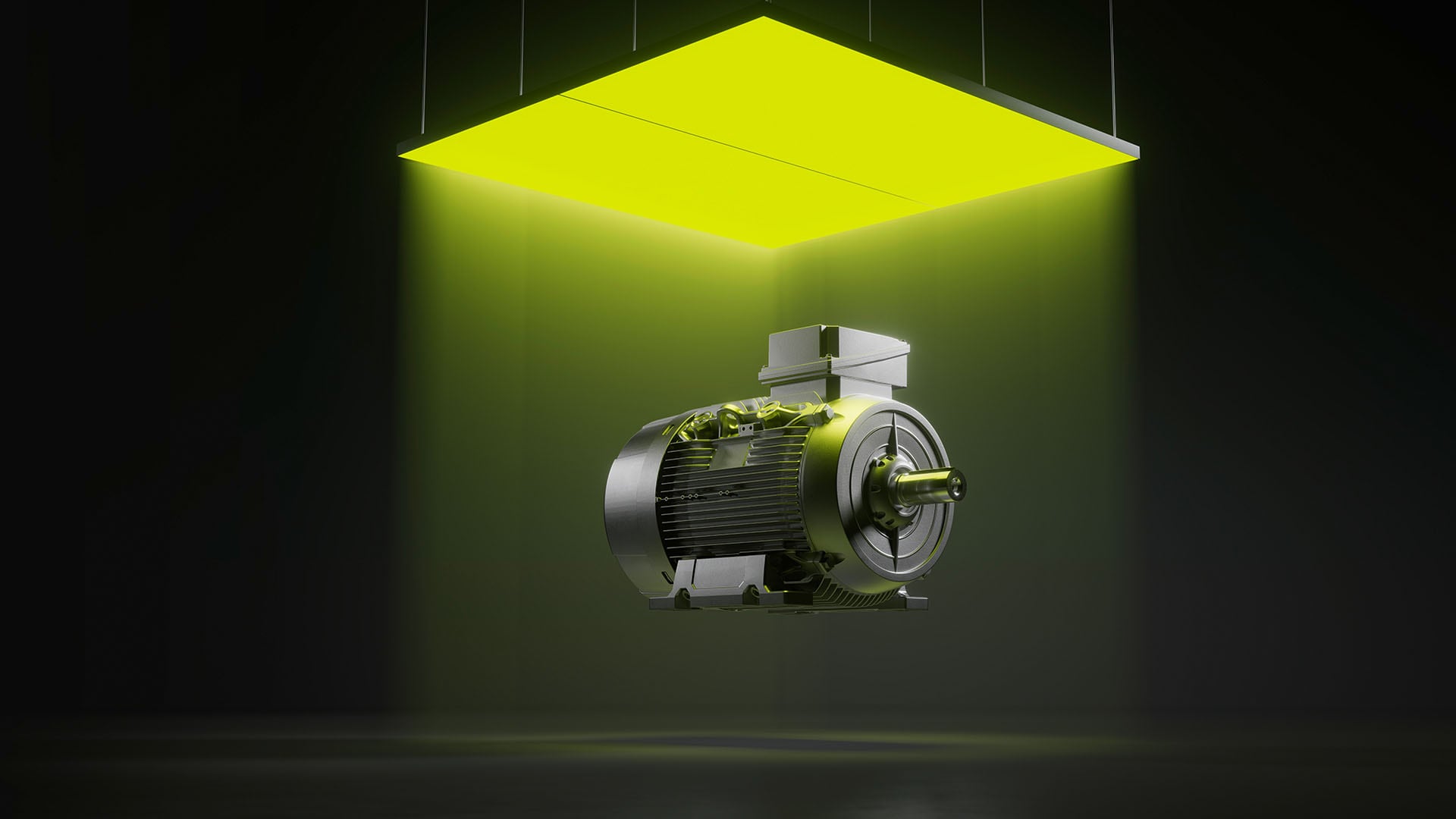 3D-Rendering eines Elektromotors, der unter einer leuchtenden gelben Fläche schwebt.