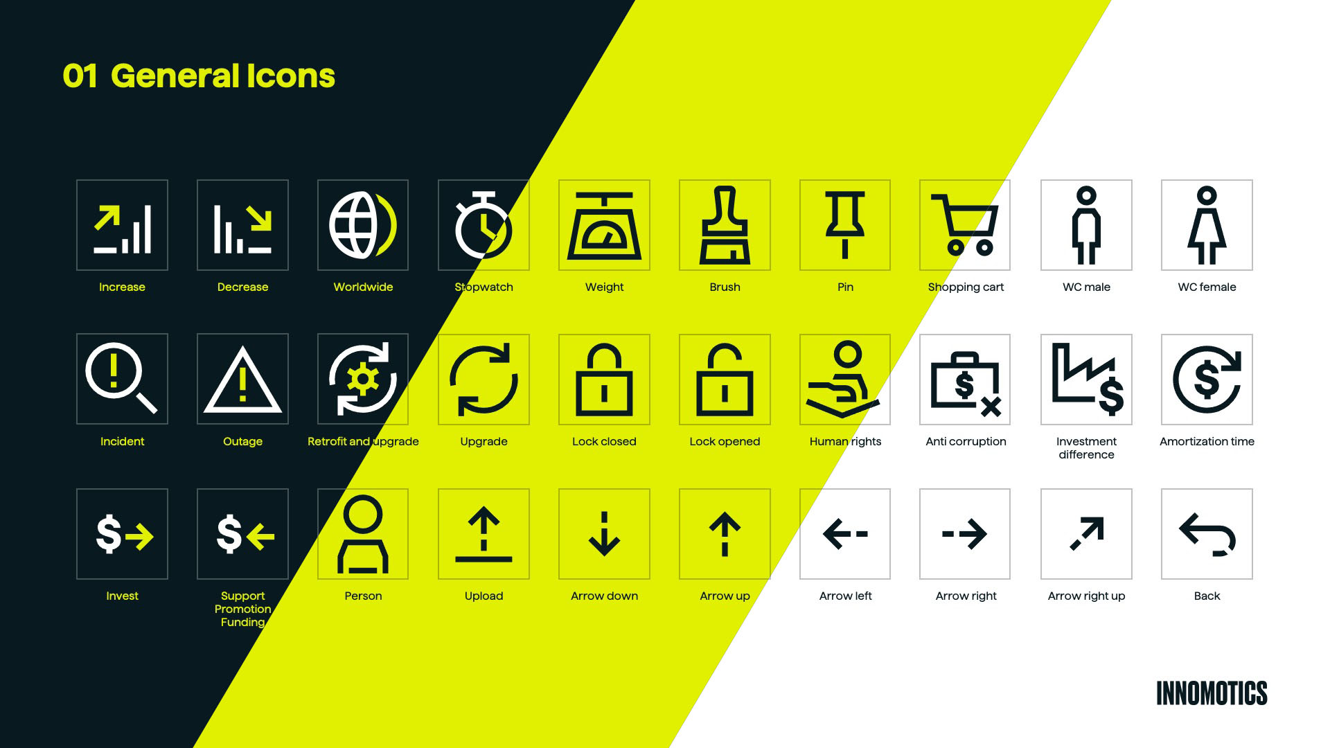 Übersicht grafischer General Icons wie Increase, Download, Person, Upload und Lock opened.