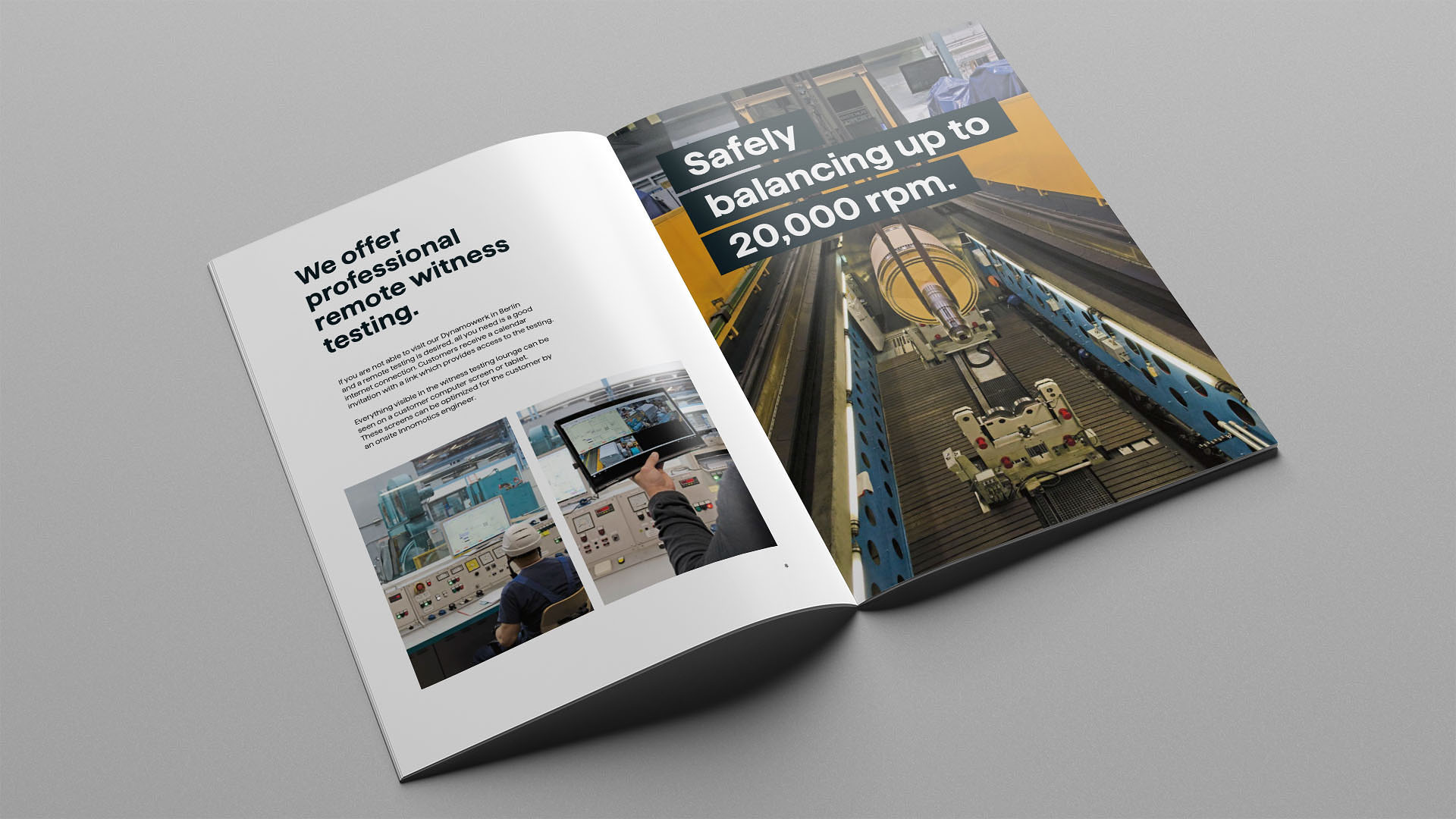 Open brochure showing Remote Witness Testing and a test line for speeds up to 20,000 rpm.