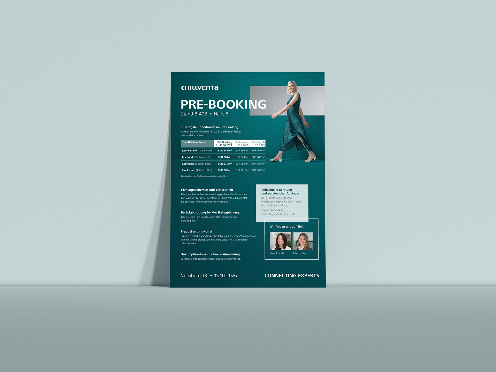 Chillventa Pre-Booking Poster mit Informationen zum Messeauftritt und Foto einer Frau.