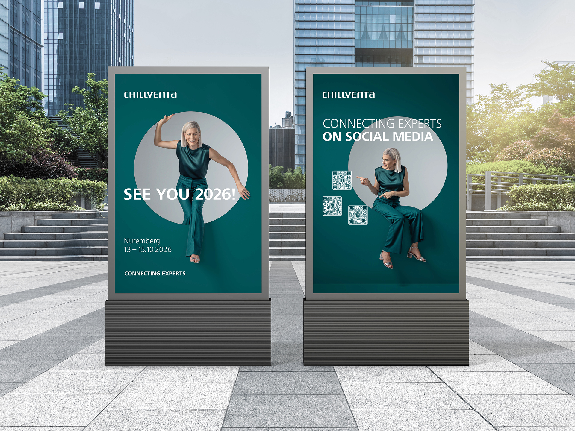 Two city light posters for Chillventa featuring a woman and the claims "See you 2026" and "Connecting Experts on Social Media."