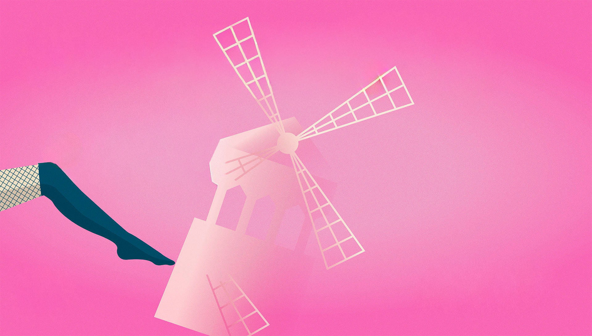 Illustration in Pink mit stilisierter Windmühle und typografischem Motiv für die Theatergruppe „Die Schlampenlichter“.