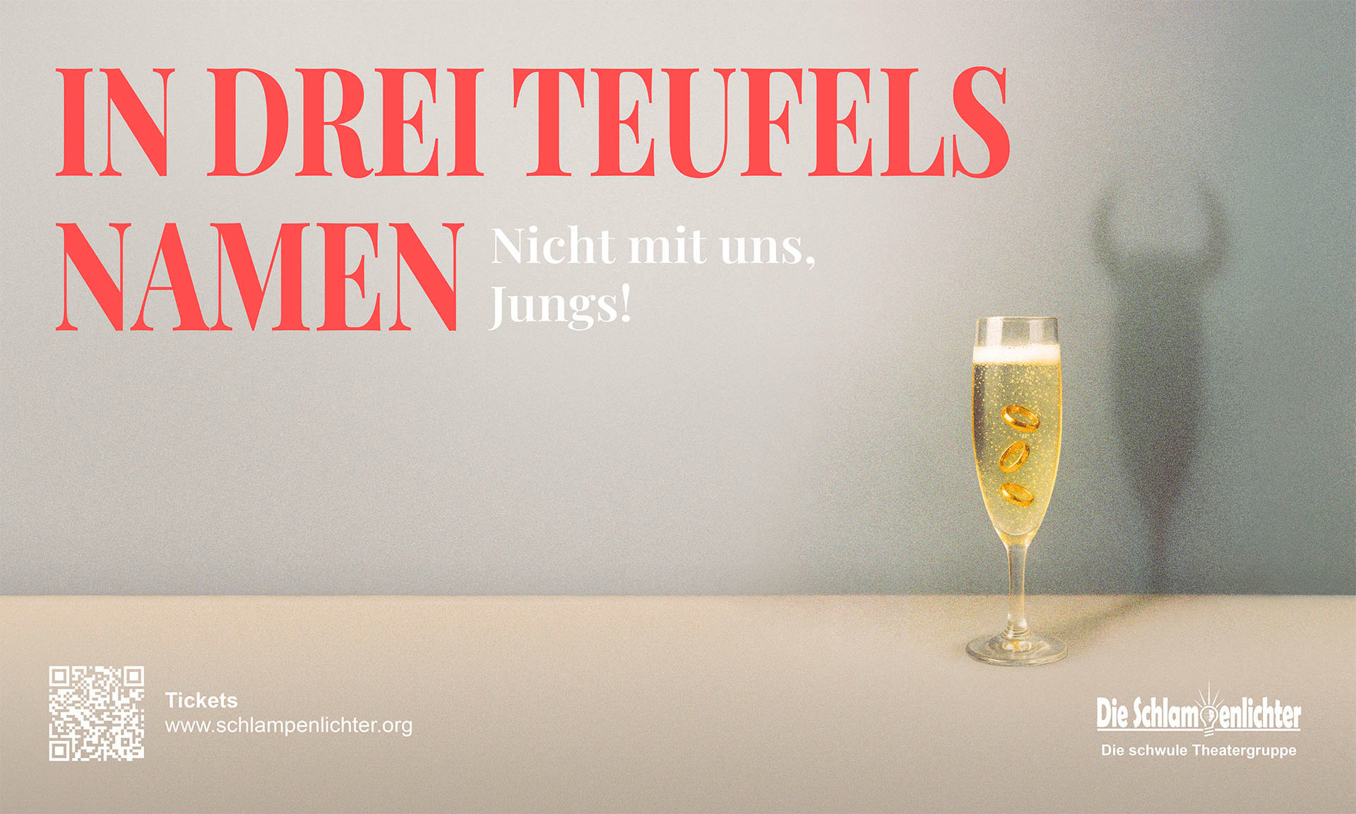 Champagnerglas mit goldenen Ringen, im Hintergrund ein Teufelsschatten; Werbemotiv der Theatergruppe „Die Schlampenlichter“.