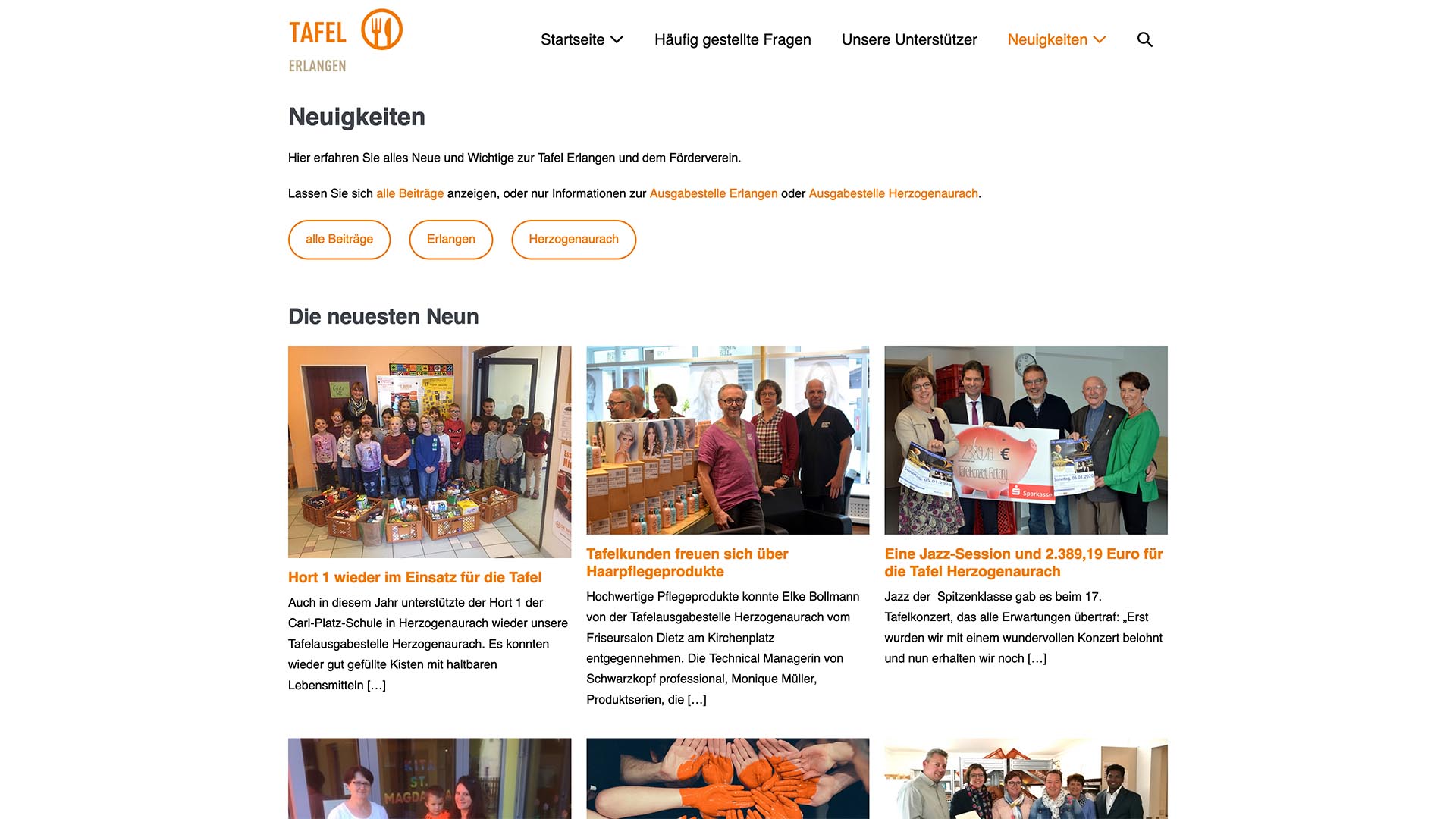 Nachrichtenübersicht der Tafel Erlangen mit mehreren Vorschaubildern zu aktuellen Beiträgen und Aktionen.