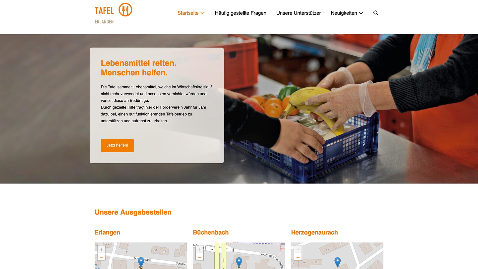 Übersicht der Tafel-Erlangen-Startseite mit Bild einer Lebensmittelkiste und Karten der verschiedenen Ausgabestellen.